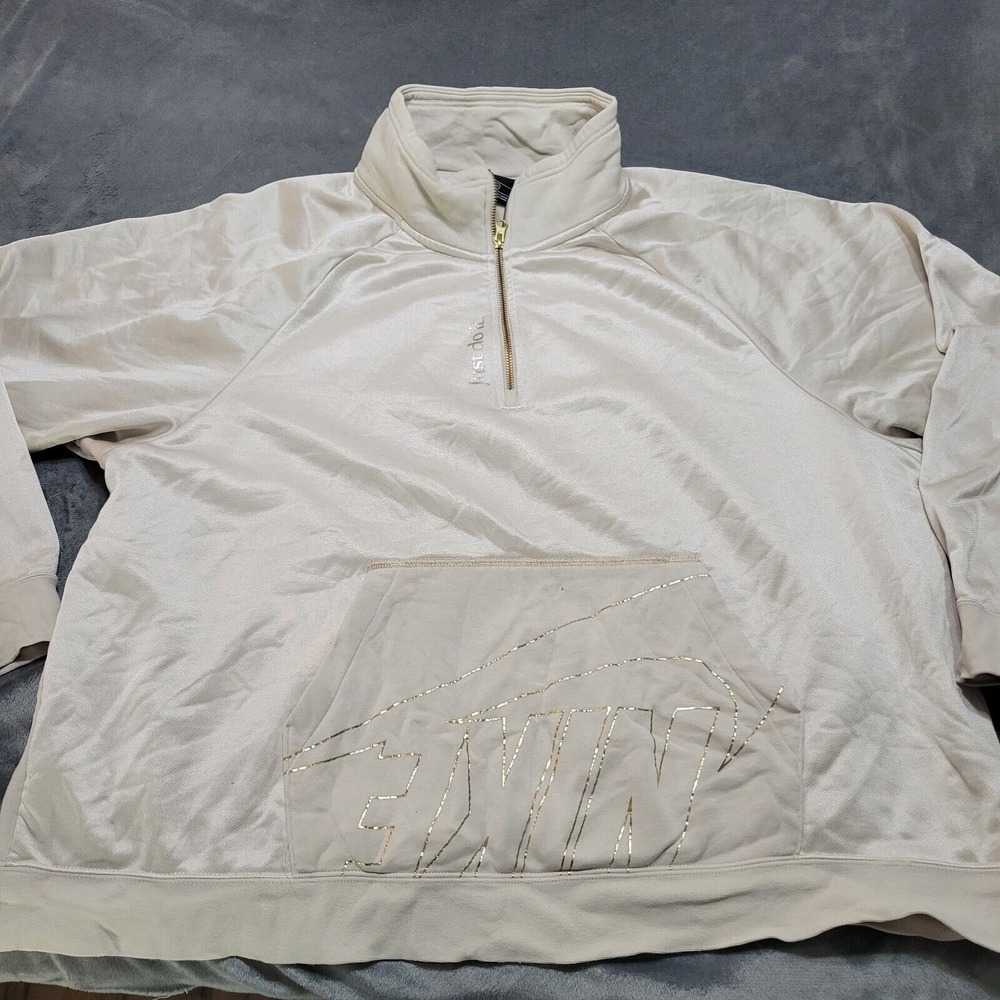 Nike Spellout Pullover 1/4 Zip Sweater Beige Gold Womens 2XL